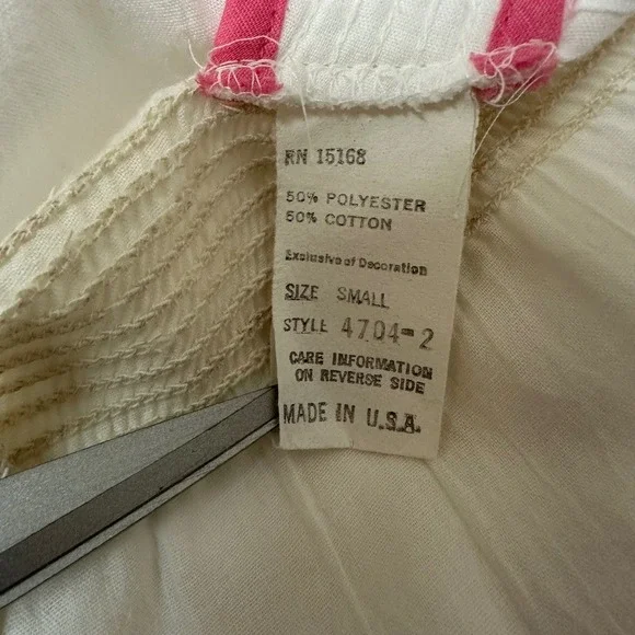 Vintage White Smocked House Dress Nightgown Pink Blue Trim Pockets USA Small - Picture 4 of 6